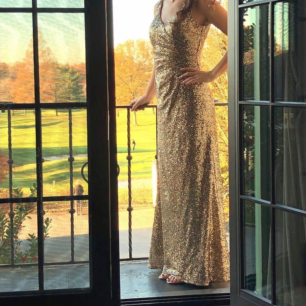 Gold sequin floor-length black tie dress